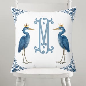 Personalized Blue Heron Monogram Pillow | Coastal Chinoiserie Crown Bird Throw Pillow | Custom Initial Elegant Blue & White Decor