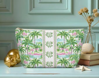 Personalized Tropical Mahjong Tile Bag | Palm Tree Monogram Zipper Pouch | Preppy Palm Beach Travel Cosmetic & Game Storage Case