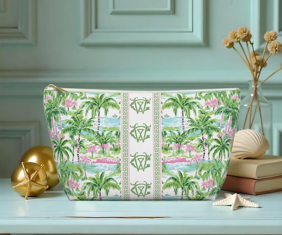 Personalized Tropical Mahjong Tile Bag | Palm Tree Monogram Zipper Pouch | Preppy Palm Beach Travel Cosmetic & Game Storage Case