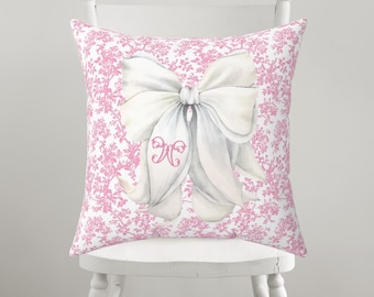 Personalized Pink Floral Toile Pillow | Monogrammed Dorm Decor for College Girls | Pink and White Toile | Coquette Bow | Couch Pillows