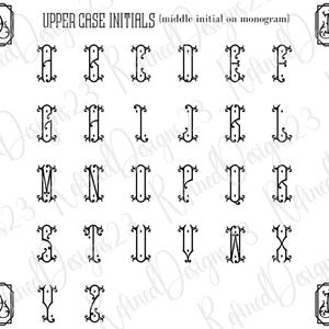 May include: Black upper case initials in a decorative font, displayed on a white background. The text "UPPER CASE INITIALS" is at the top. The initials are in a monogram style, with a middle initial design.