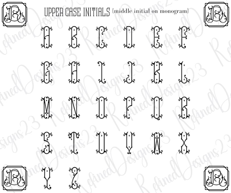 May include: Black upper case initials in a decorative font, displayed on a white background. The text "UPPER CASE INITIALS" is at the top. The initials are in a monogram style, with a middle initial design.
