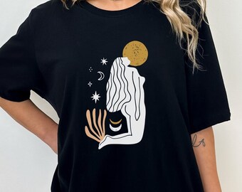 Boho vintage maan en zon shirt, Mystic maan en zon Shirt, Hemelse maan Shirt, Maanfase shirt, Chill shirt, Meditatie T-Shirt