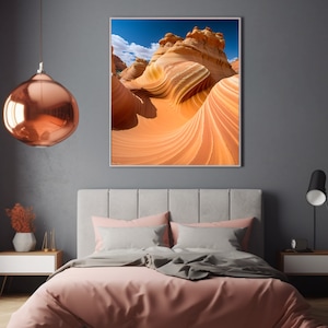May include: A photograph of a desert landscape with a blue sky and white clouds. The landscape is made up of orange and brown rock formations with a wavy pattern.