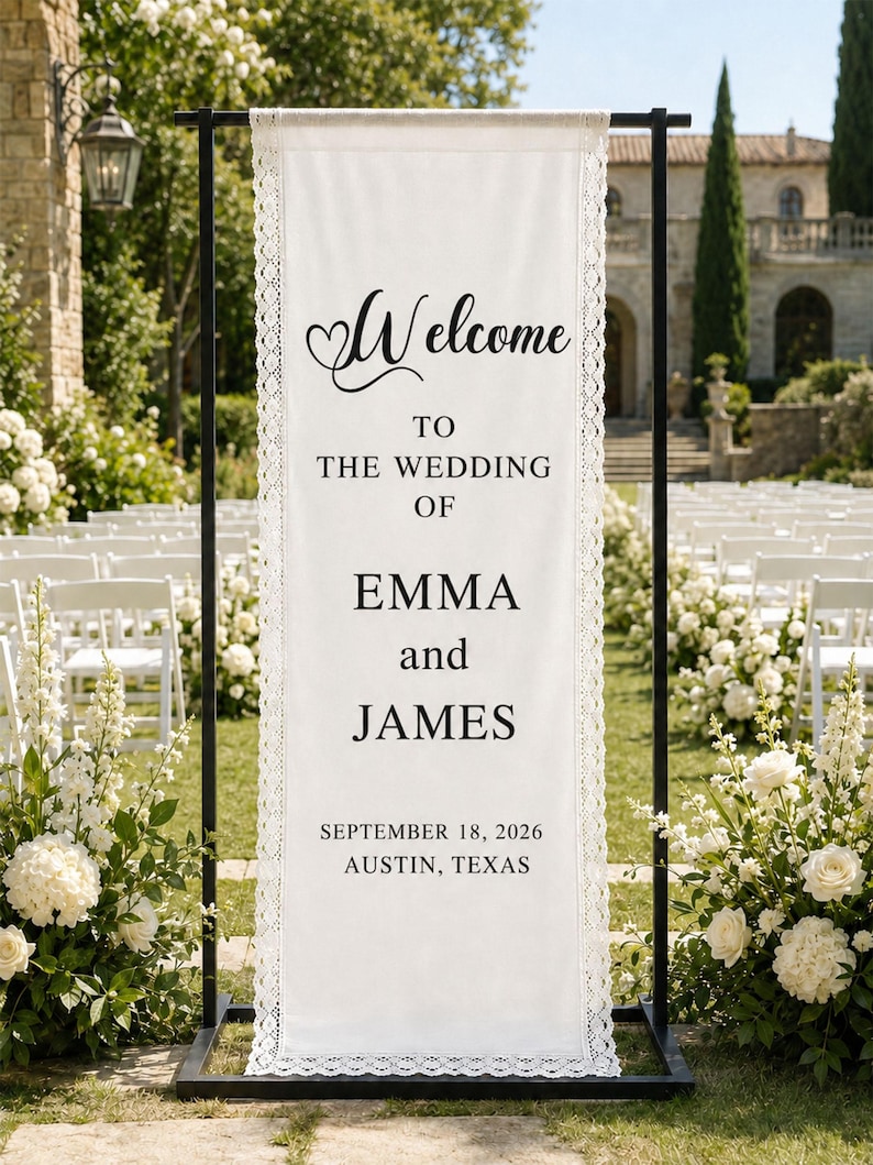 Personalized Fabric Wedding Welcome Sign Custom Names Date Ceremony personalized-fabric-wedding-welcome-sign-custom-names-date-ceremony