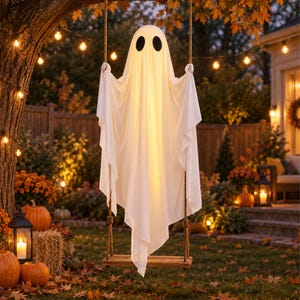May include: A white ghost decoration made of draped fabric with two black oval eyes, suspended from a wooden swing seat hanging by thick ropes from a tree branch, illuminated from within to create a soft, warm glow in an outdoor setting.