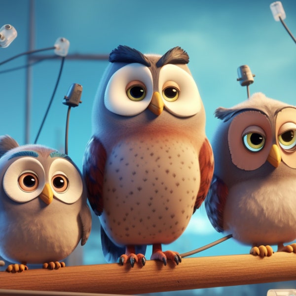 Super Cute Owls, Big eyed, birds on powerline, digital download