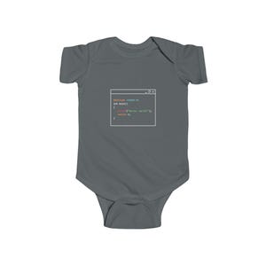 Peut inclure: Un body de bébé gris avec un motif blanc représentant une fenêtre de code informatique. Le code affiche "Hello, world!" dans un langage de programmation. Le body est en matière souple.