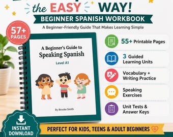 Beginner Spanish Workbook for Kids | Homeschool Learning Printable Course (55+ Page PDF)
