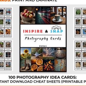 Kaarten met fotografie-ideeën: 100 afdrukbare prompts en camera-instellingen om Creative Block te verslaan, spiekbriefjekaarten (digitale download)