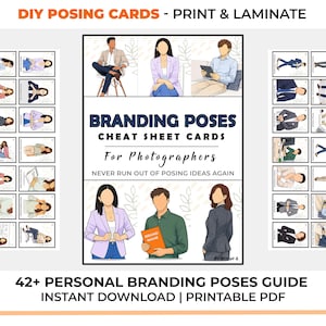 以下が含まれることがあります： 「DIY POSING CARDS - PRINT & LAMINATE」と「BRANDING POSES CHEAT SHEET CARDS For Photographers」のテキストが入った画像。さまざまなポーズをとる人々のイラストと「42+ PERSONAL BRANDING POSES GUIDE INSTANT DOWNLOAD | PRINTABLE PDF」のテキストが含まれています。