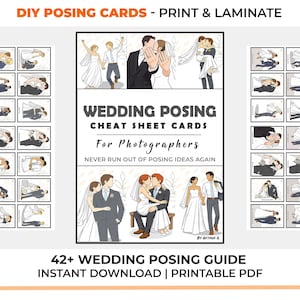 Può includere: Una guida per fotografi di matrimoni con idee di posa. L'immagine mostra una raccolta di illustrazioni che raffigurano varie pose per coppie, insieme al testo "WEDDING POSING CHEAT SHEET CARDS For Photographers NEVER RUN OUT OF POSING IDEAS AGAIN".