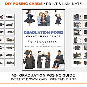 May include: A set of printable DIY posing cards featuring illustrated graduation poses for photographers. The cards display various figures in graduation gowns and caps, with text reading Graduation Poses Cheat Sheet Cards For Photographers.