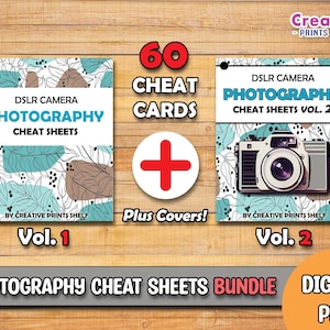 Hojas de trucos para DSLR + Hojas de trucos para DSLR, vol. 2, imprimibles, paquete / Fundamentos de fotografía manual, tarjetas de referencia, configuraciones de la cámara
