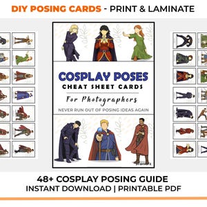 Op de afbeelding: Een set printbare cosplay-poseerkaarten met geïllustreerde personages in diverse houdingen. De centrale kaart toont de tekst COSPLAY POSES CHEAT SHEET CARDS FOR PHOTOGRAPHERS, omringd door zes figuren in mantels en fantasiekleding.