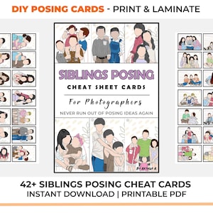 Frères et sœurs posant des aide-mémoire | Les bases de la photographie imprimable | Télécharger | Cadeau pour photographe | Cartes de référence Guide de pose pour reflex numérique DIY