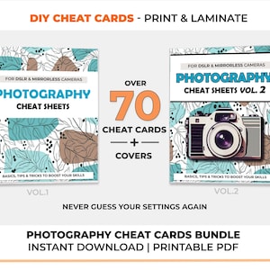 Paquete de tarjetas de referencia de fotografía, vol. 1 y vol. 2, imprimibles/manuales, configuraciones de cámara DSLR y sin espejo