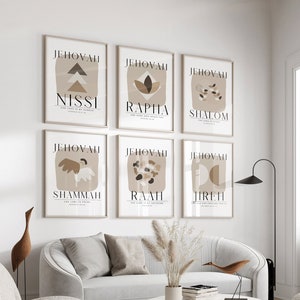 Geova molti nomi Set di 6 arte digitale cristiana, arte murale cristiana moderna minimalista, Nissi Rapha Shalom Shammah Raah Jireh, arte biblica