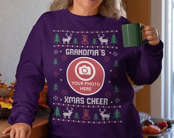 Sweat-shirt de Noël personnalisé pour grand-mère, photo de petit-enfant, pull de Noël laid pour Nana, pull de fête de Noël, cadeau Grammy, t-shirt de vacances