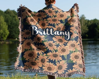 Personalized Sunflower Woven Blanket: Custom Cotton Autumn Throw