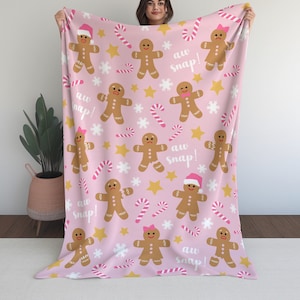 Pink Gingerbread Man Blanket Oh Snap Cookie Christmas Black Holiday Soft & Warm Throw Living Room Snowflake Cozy Seasonal Decor Xmas Duvet