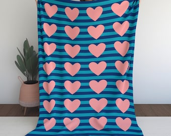Pink Heart Blanket: Blue Striped Valentine's Day Throw
