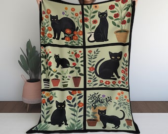Black Cat Floral Blanket Feline Mama Throw Botanical Blanket Soft Kitty Gift for Cat Lover Warm Living Room Pet Cozy Flower Sofa Goth Decor