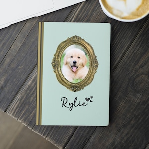 Custom Dog Photo Name Journal Personalized Pet Photograph Hardcover Book Doggo Lover Gift for Puppy Mama Notebook Pawprint Dad Pet Memorial