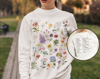Vintage Flower Chart Sweatshirt Pressed Wildflowers Boho Cottagecore Sweater Botanical Tee Floral Nature Garden Lover Top Flower Child