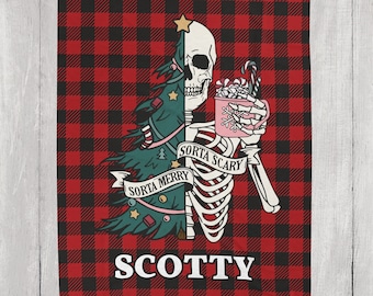 Gothic Christmas Blanket: Skeleton Tree, Red Plaid Velveteen Throw