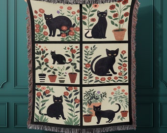Black Cat Floral Woven Blanket Feline Mama Woven Throw Botanical Kitty Blanket Gift Cat Lover Warm Living Room Pet Cozy Flowers Goth Décor