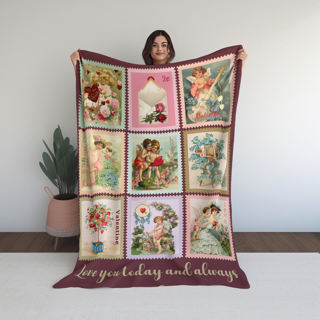 Valentine's Day Blanket Custom Vintage Stamp Cottage Core Throw