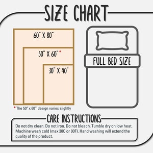 Puede incluir: Tabla de tallas para una manta de tama&ntilde;o completo. La tabla muestra tres tama&ntilde;os diferentes: 152 cm por 203 cm, 127 cm por 152 cm y 76 cm por 102 cm. La tabla tambi&eacute;n incluye instrucciones de cuidado para la manta, que incluyen instrucciones de lavado, secado y planchado.