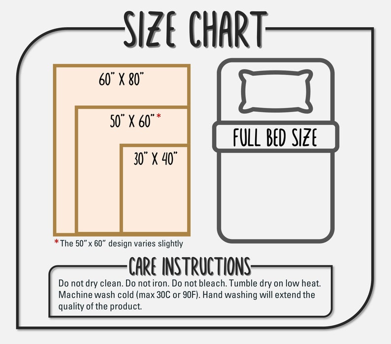 Puede incluir: Tabla de tallas para una manta de tama&ntilde;o completo. La tabla muestra tres tama&ntilde;os diferentes: 152 cm por 203 cm, 127 cm por 152 cm y 76 cm por 102 cm. La tabla tambi&eacute;n incluye instrucciones de cuidado para la manta, que incluyen instrucciones de lavado, secado y planchado.