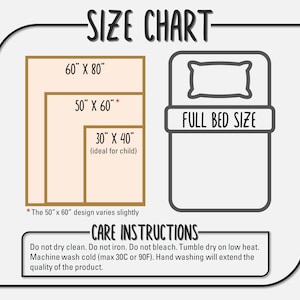 Puede incluir: Tabla de tallas para una manta de cama doble con tres tama&ntilde;os diferentes: 152 cm por 203 cm, 127 cm por 152 cm y 76 cm por 102 cm. El tama&ntilde;o de 127 cm por 152 cm est&aacute; marcado con un asterisco. La tabla tambi&eacute;n incluye instrucciones de cuidado para la manta: No lavar en seco. No planchar. No usar lej&iacute;a. Secar en secadora a baja temperatura. Lavar a m&aacute;quina con agua fr&iacute;a (m&aacute;x. 30 &deg;C o 90 &deg;F). Lavar a mano prolongar&aacute; la calidad del producto.