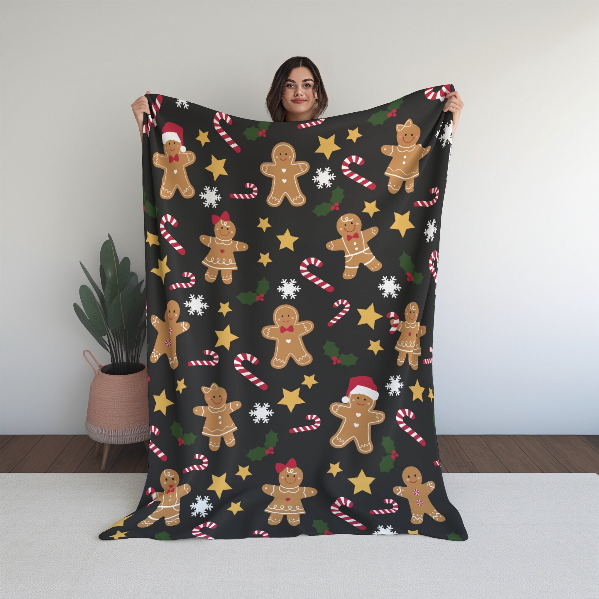 Gingerbread Man Christmas Throw Blanket: Black Holiday Decor
