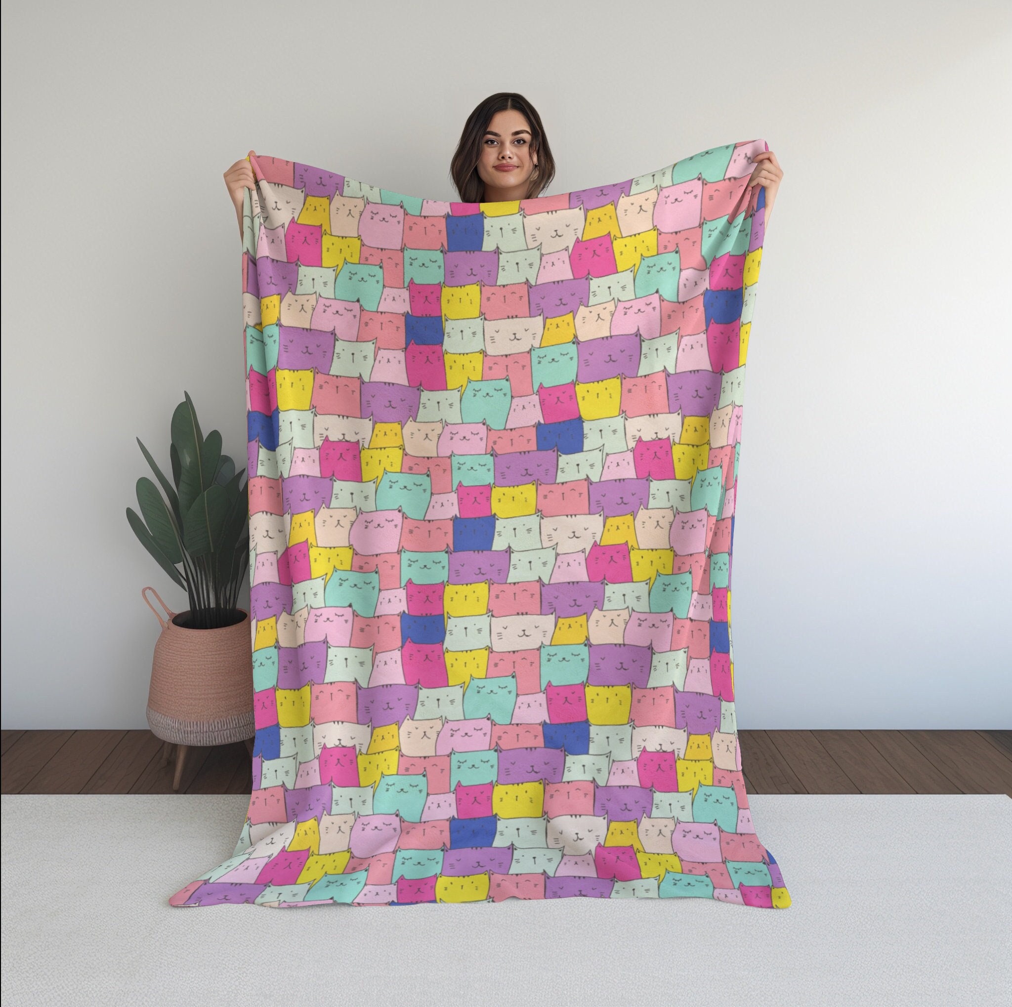 Cat Pattern Blanket Cat Mom Throw Blanket Soft Warm Kitty Dad Blankie Gift for Cat Lover Living Room Cozy Decor Velveteen Plush Rainbow Cats