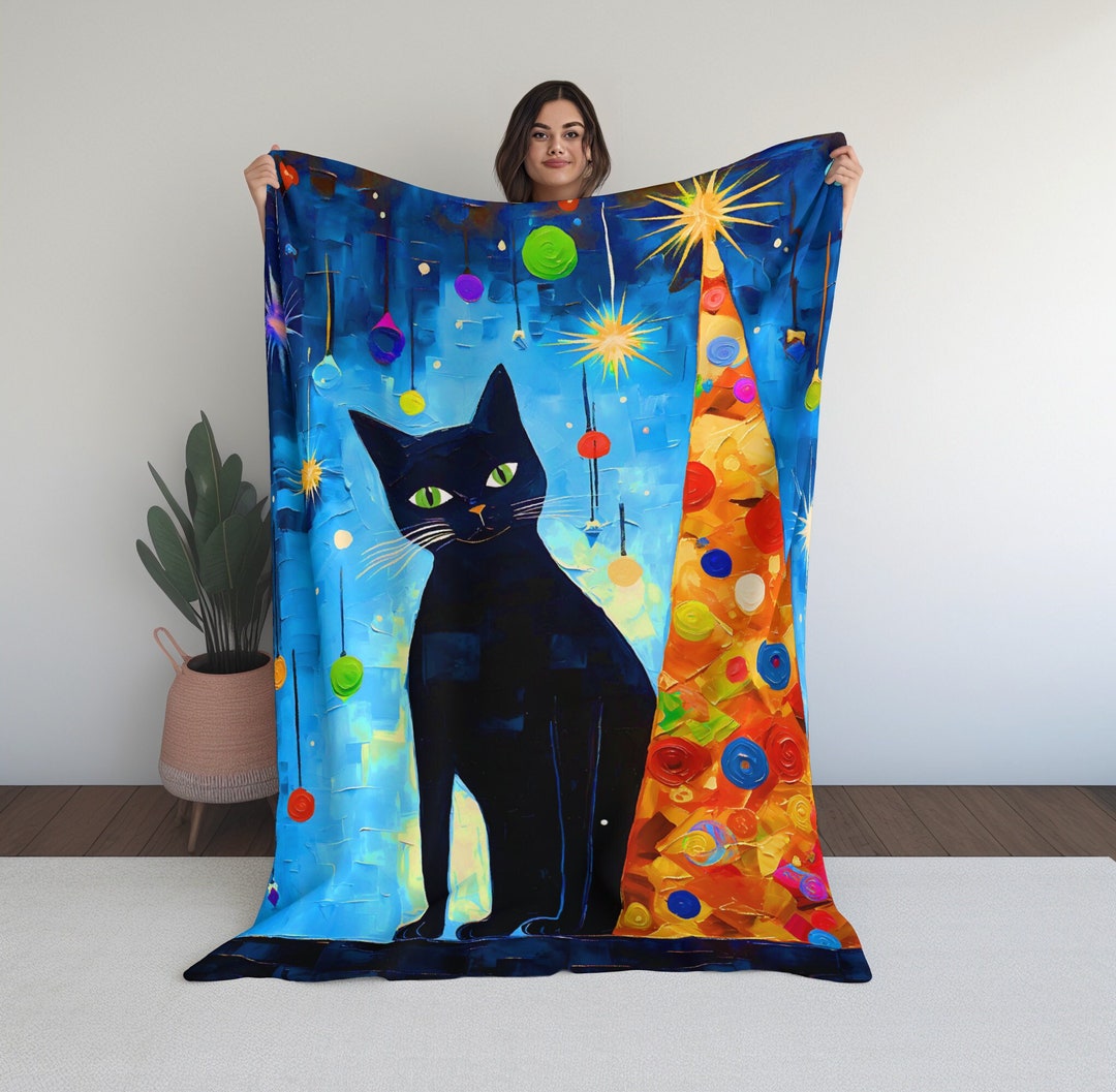 Black Cat Christmas Blanket Holiday Kitty Throw Living Room Couch Cozy