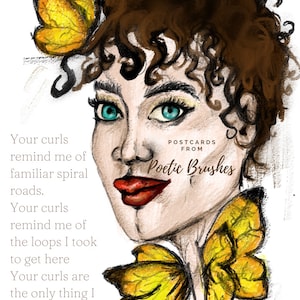 Cartoline originali con poesia (capelli ricci, occhi azzurri, farfalla, poesia, opere d'arte originali)