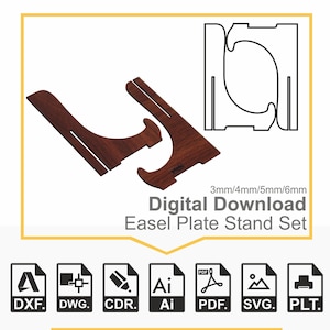 Könnte beinhalten: Digitaler Download eines Holz-Staffelei-Plattenständers. Das Set enthält zwei Teile, eine Basis und einen Ständer, die zusammengesetzt werden können, um einen Ständer für einen Teller zu erstellen. Der Ständer ist in vier verschiedenen Stärken erhältlich: 3 mm, 4 mm, 5 mm und 6 mm. Das Bild zeigt den Ständer in einer braunen Holzoptik. Das Bild enthält auch Symbole für die verschiedenen Dateiformate, die zum Download verfügbar sind: DXF, DWG, CDR, AI, PDF, SVG und PLT.