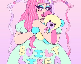 Built Like A Plushie Art Print - Body Positive, Kawaii, Coquette, Plus Size, Soft, Pastel, Lolita, Squishy, Cute, Cutecore, Bows, Ribbons