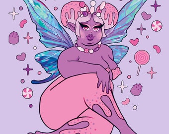 Sugar Plum Fairy Art Print - Fairycore, Body Positive, Plus Size, Candy, Sweet, Fantasy, Fairy, Cute, Kawaii, Cutecore