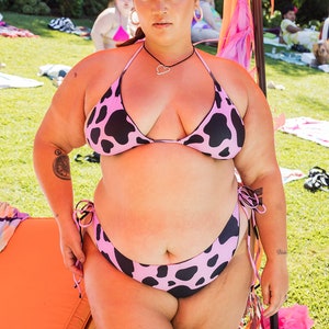 MOOd String Bikini - Cow Print, Pink, Rave, Plus Size Swimwear