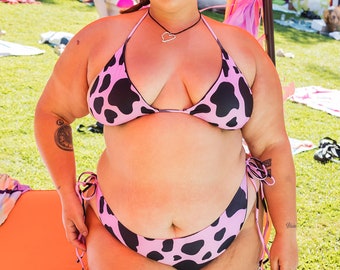 MOOd String Bikini - Cow Print, Pink, Rave, Plus Size Swimwear