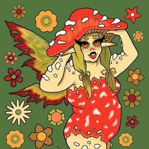 Mushroom Fairy Art Print - Fairycore, Mushroomcore, Cottagecore, Gremlincore, Fungi, Retro, Fairy, Floral, Decor
