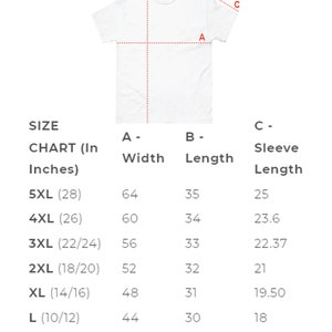 May include: A size chart for a t-shirt with measurements in inches for width, length, and sleeve length. The chart shows sizes from XS to 5XL.
