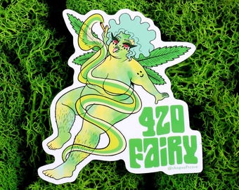 420 Fairy Sticker - Weed, stoner, whimsical, plus size, natural
