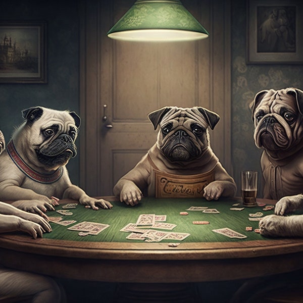 Digital Ai Art Download PUGS playing POKER wallpaper, poster