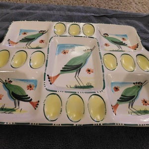 26-639 VINT Italian Hand Painted Blue Bird Egg Plate Platter Italy Rectangle Old