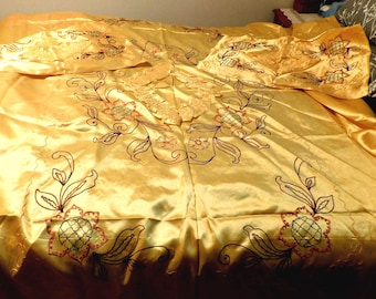 25-922 Vintage Embroidered Gold Satin Bed Cover Set: Asian Korean War Era